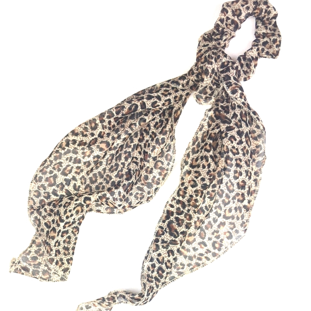 Leopard print chiffon scarf scrunchie